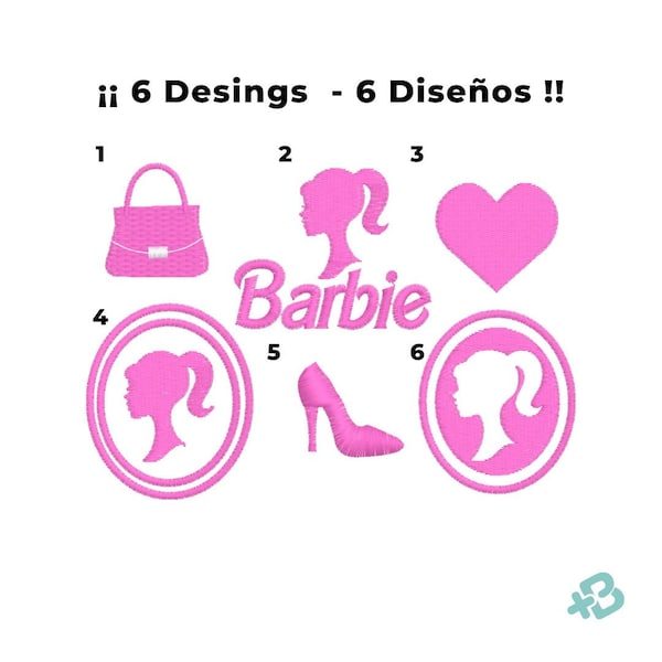 Pink doll Barbi silhouete patch Embroidery Design Pack x 6 Doll Head, Child's movie, Matriz de bordado. Diseño Maquina de Bordar Barb Logo .