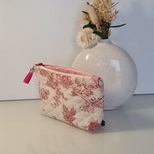 Handmade pouch kit small model 17 x 11 garnet fleece-quilted toile de jouy - pink lining small patterns - zipper