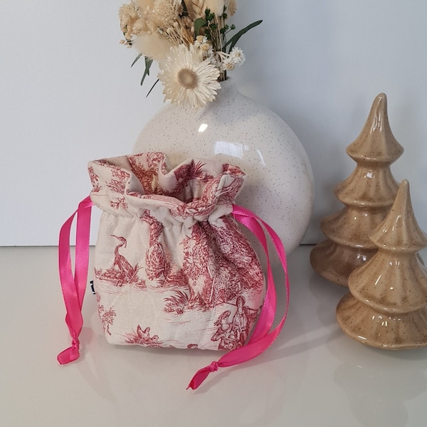 Pochon - Toile de Jouy grenat rose bourse - aumonière - FAIT MAIN - molletonné matelassé - doublure rose - idéal pour bijoux - maquillage