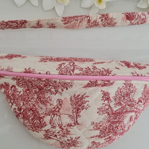 sac banane - fait main - toile de jouy rose - molletonné matelassé - pratique pour les balades les mains libres -tendance -intérieur rose -