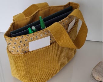 Organiseur de sac - velours ocre et coton à motifs ocres et noirs - fait main - à insérer dans tote bag