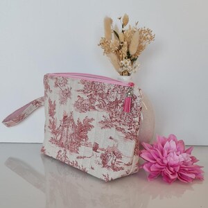 Trousse de toilette, fait main, pièce unique,  toile de jouy rose, molletonnée matelassée, fermeture éclair,doublure rose, grande capacité,