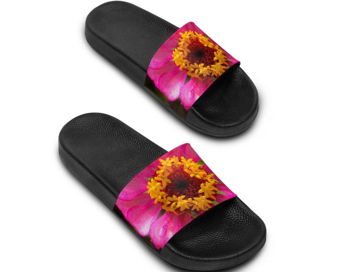 Floral Slide Sandals, Pink & Butter PU Women's Slides, Flower Lover, Spring Shoes, Floral Summer Sandals, Women's Fashion Footwear