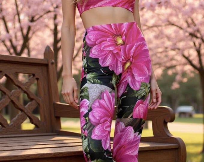 High Waisted Floral Yoga Pants Leggings, Pint Floral Tight Yoga Pants, Workout Leggings, Thick & Stretchy Leggings, Gift for Her