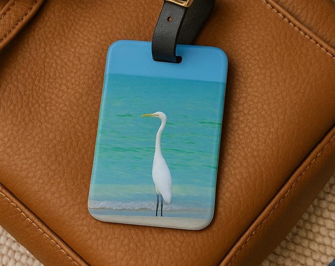 Personalized Luggage Tag, Custom Luggage Tag, White Great Egret Nature Inspired Luggage Tag, Travel Accessories, Gift for Her