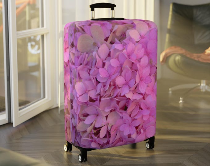 Hydrangea Pink Luggage Cover, Floral Luggage Protector for Travel, Cute Floral Suitcase Cover, Travel Accessories Gift, Flower Print Bag