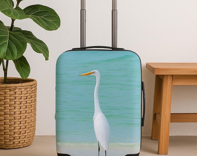 Egret Luggage Cover, Travel Suitcase Protector, Great White Bird Travel Accessories, Nature Lover Gift, Beach Vacation Essential
