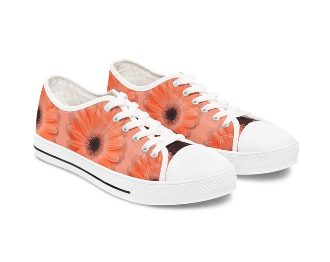 Peach Gerber Daisy Sneakers: Floral Low Top Athletic Shoe