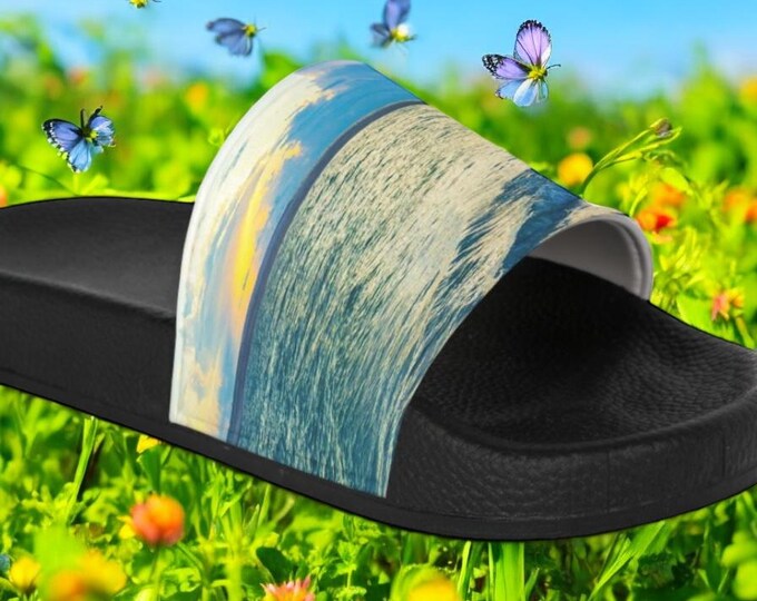 Blue Ocean Women's Slide Sandals, Beach Summer Slides, PU Blue Sandals, Ocean-Inspired Footwear, Coastal Vacation Shoes