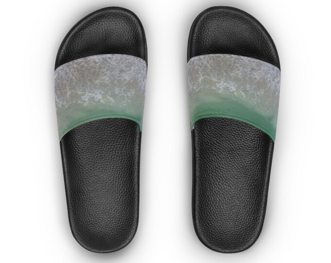 Emerald Ocean Slide Sandals: Green & White Beach Pool Slippers