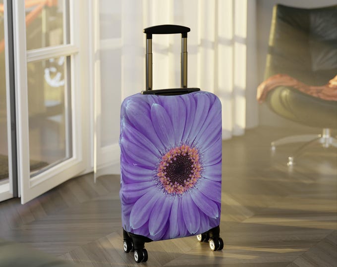 Floral Luggage Cover with Purple Gerber Daisy, Luggage Protector, Martha's Vineyard - Travel Accessory, Suitcase Cover, Vacation Essential