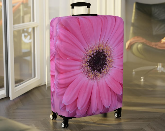 Pink Gerber Daisy Luggage Cover: Floral Travel Accessory