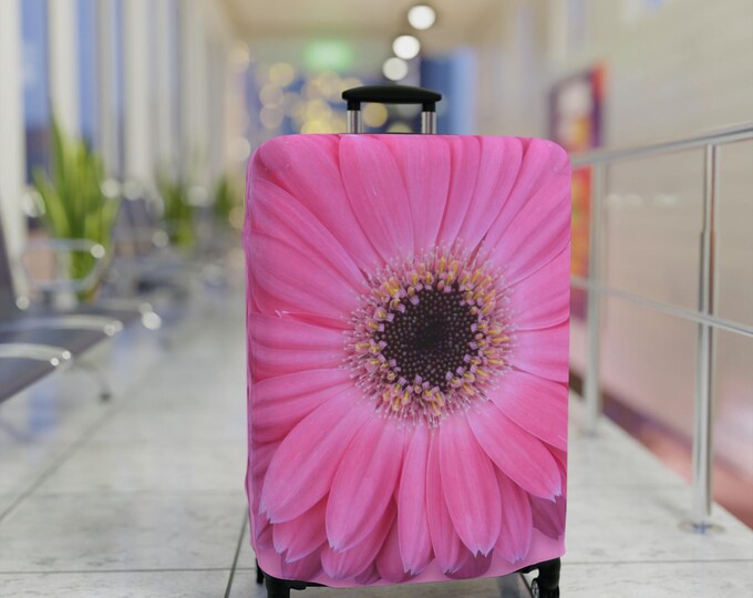 Pink Gerber Daisy Luggage Cover: Floral Travel Accessory