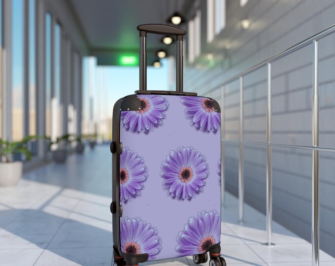 Stylish Travel Suitcase, Lilac Gerber Daisy Luggage, Gift for Travelers, Summer Vacation Floral Suitcase