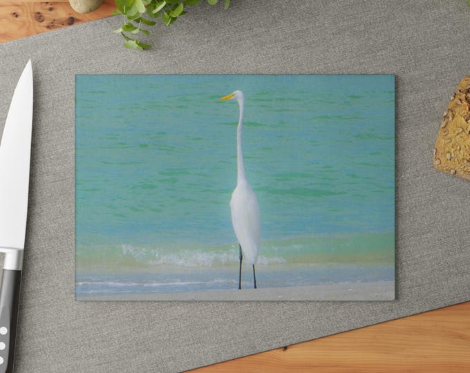 Coastal Bird Tempered Glass Cutting Board, Beach House Kitchen Decor