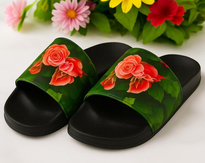Floral Slide Sandals, Rose Garden Women's Slide Sandals, Black Sole, Summer Footwear, Beach Shoes, Floral Print Slides, Gift for Her