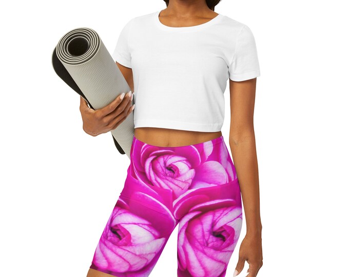 High Waisted Floral Yoga Shorts Pants AOP, Rose Blush Yoga Pants, Athleisure Wear Women, Activewear, Fitness Apparel, Gift for Her