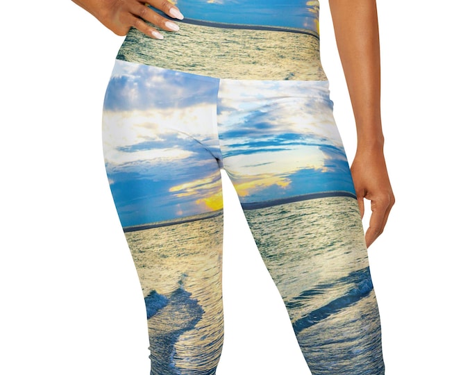 Ocean Blue High Waisted Pants, Yoga Wear, Yoga Pants, Capri Ocean Blue High Waisted Yoga Leggings AOP, Yoga Pants, Gifts for Her