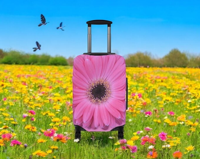 Pink Gerber Daisy Luggage Cover,Travel Accessory, Unique Floral Design, Perfect for Gifts, Summer Trips, Travel Lovers| Martha's Vineyard