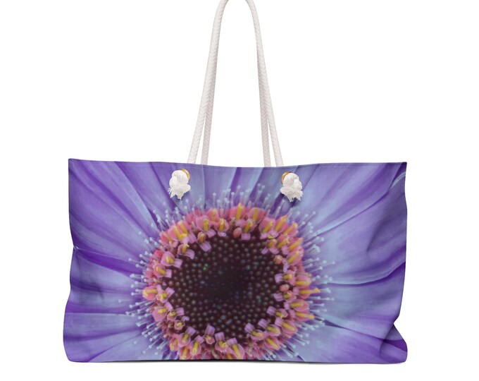 Floral Beach Bag, Purple Floral Weekender Bag, Lilac Gerber Daisy Weekender Bags, Travel Weekender Bag, Gift for Her