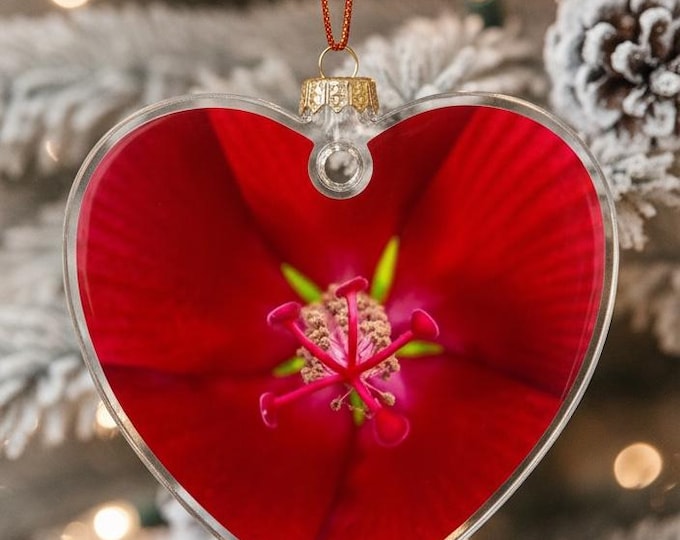 Heart Crystal Ornament, Ruby Orchid Floral Glass, Christmas Tree Decoration, Hanging Sun Catcher, Holiday Gift