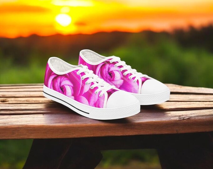 Pink Rose Low Top Sneakers, Pink Floral Athletic Shoes, Women's Sneakers, Rose Print Shoes, Low Top Jogging Shoes, Women's Floral Sneakers