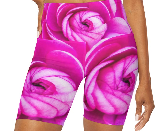 High Waisted Floral Yoga Shorts Pants AOP, Rose Blush Yoga Pants, Athleisure Wear Women, Activewear, Fitness Apparel, Gift for Her