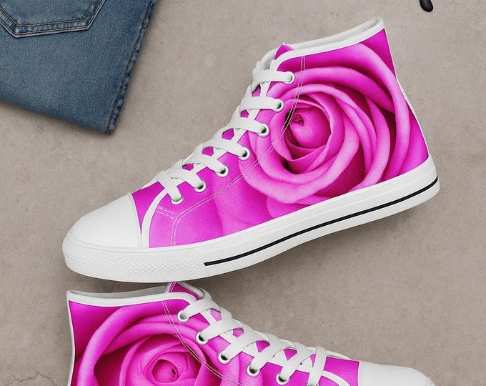 Pink Rose Women's High Top Sneakers - Floral Athletic Shoes, Pink Flowers Lace-Up Sneakers, Stylish Women's Sneakers, Trendy Floral High