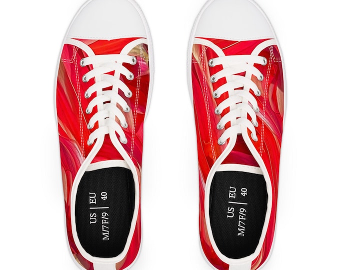 Red Floral Print Low Top Sneakers: Women's Casual Tennis Shoes