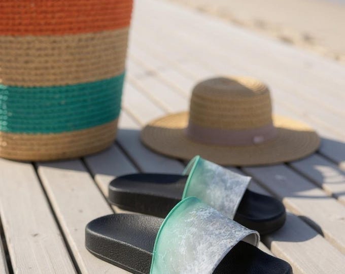 Emerald Ocean Slide Sandals, Green & White Summer Sandals - Women's Slides, Beach Shoes, Vacation Footwear, Pool Slippers, Comfortable