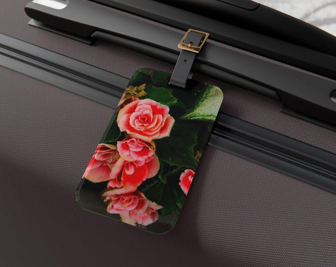 Red Rose Floral Luggage Tag: Acrylic Suitcase Accessory, 100% Acrylic, Black Leather Strap, Custom Personalize Luggage Tags