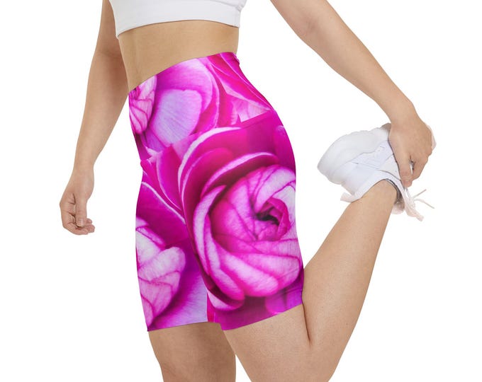 Pink Rose High Waisted Yoga Shorts, Women's Fitness Apparel