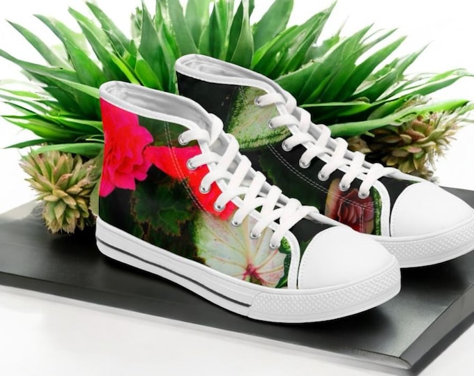 Red Floral High Tops, Rose Flower Shoes, Women's Sneakers, Botanical Design Trainers, Floral Canvas Shoes