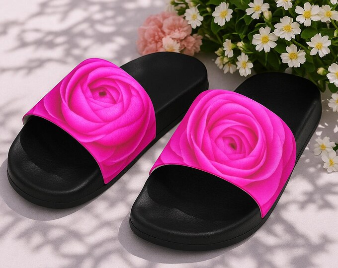 Floral Slide Sandals, Pink Rose Women's Sandals, Flower Lovers Gift, PU Floral Slides, Summer Shoes, Gift for Her