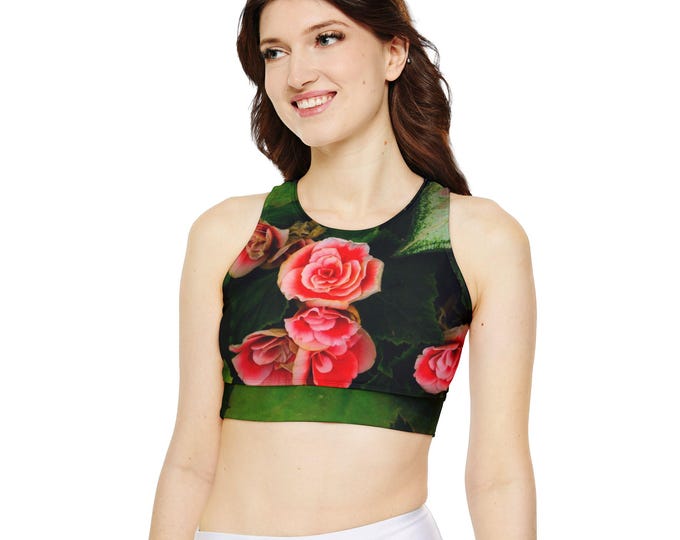 Fully Lined Red Floral Padded Sports Bra (AOP) Red Yoga Sports Bra