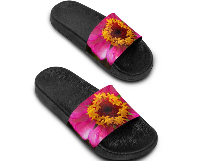 Floral Slide Sandals, Pink & Butter PU Women's Slides, Flower Lover, Spring Shoes, Floral Summer Sandals, Women's Fashion Footwear