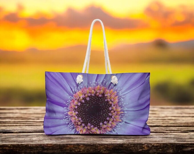 Floral Beach Bag, Purple Floral Weekender Bag, Lilac Gerber Daisy Weekender Bags, Travel Weekender Bag, Gift for Her