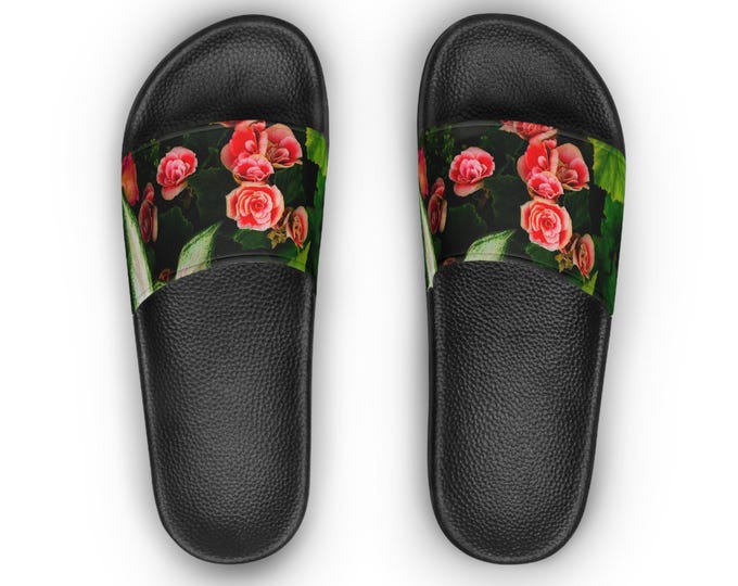 Floral Slide Sandals, Rose Garden Women's Slide Sandals, Black Sole, Summer Footwear, Beach Shoes, Floral Print Slides, Gift for Her