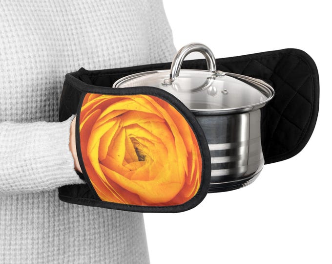 Floral Oven Mitts, Apricot Ranunculus Chef's Accessory - Kitchen Gift, Baking Gloves, Cooking Utensil, Housewarming Present, Hostess Gift