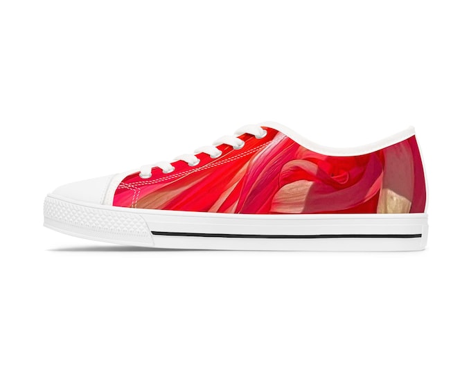 Red Floral Print Low Top Sneakers: Women's Casual Tennis Shoes