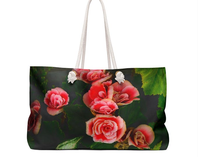 Perosnalized Floral Weekender Bag, Red Rose Overnight Bag, Travel Duffel for Weekend Getaways, Overnight Tote, Beach Tote Bag, Gift for Her