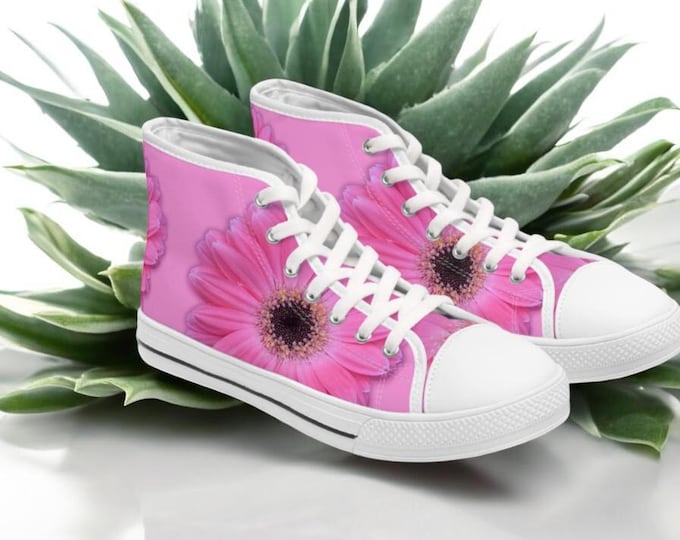 Pink Gerber Daisy Women's Sneakers, Floral Athletic Shoes, Hi Top Sport Shoe, Flower Pattern Running Sneaker, Cute Spring Sneakers for Women