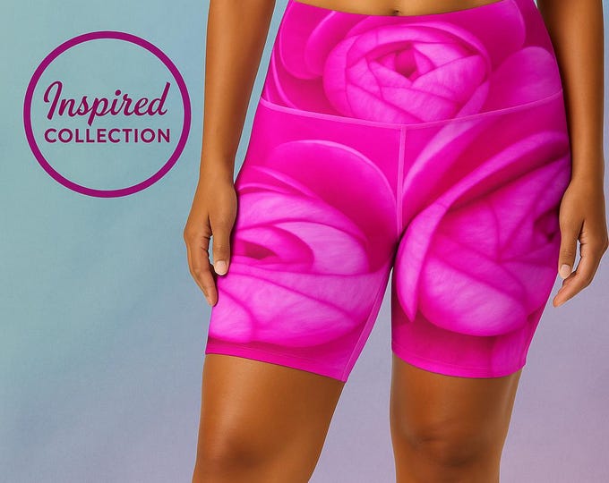 High Waisted Floral Yoga Shorts Pants AOP, Rose Blush Yoga Pants, Athleisure Wear Women, Activewear, Fitness Apparel, Gift for Her