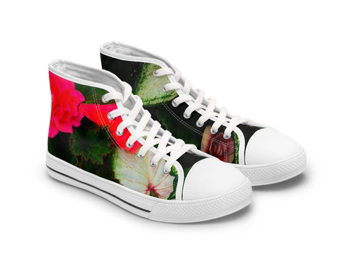 Red Rose Floral High Top Sneakers - Botanical Canvas Trainers