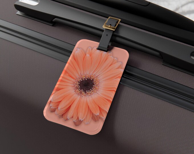 Custom Luggage Tag, Personalize Luggage Tag, Peach Gerber Daisy Suitcase Tag, Floral Travel Accessories, Floral Luggage Label, Gift for Her