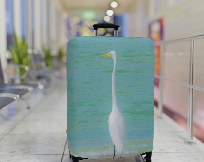Egret Luggage Cover: Beach Bird Travel Suitcase Protector