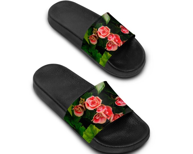 Floral Slide Sandals, Rose Garden Women's Slide Sandals, Black Sole, Summer Footwear, Beach Shoes, Floral Print Slides, Gift for Her