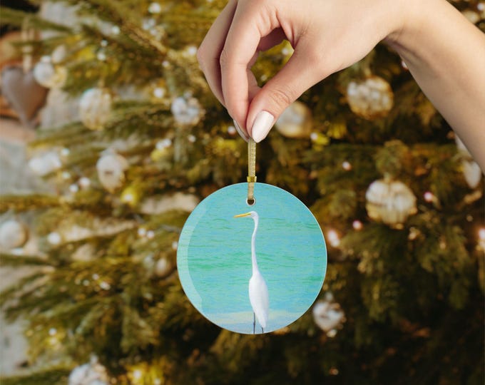 Great White Egret Snow Bird Glass Ornaments|Artistic Glass Ornament| Christmas Ornament|Tree Ornament|Longboat Key| Great Egret|Holiday