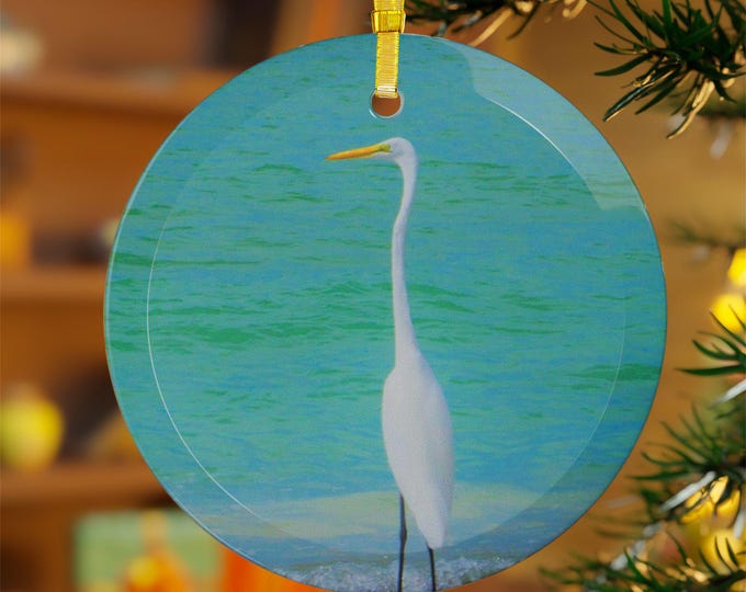 Glass Ornaments, Great White Egret Ornament, Blue Ocean Inspired, Christmas Bauble, Holiday Decoration