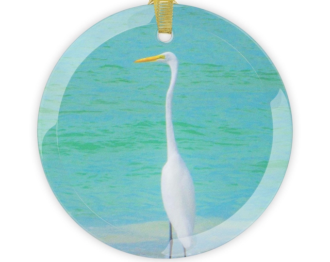 Great White Egret Snow Bird Glass Ornaments|Artistic Glass Ornament| Christmas Ornament|Tree Ornament|Longboat Key| Great Egret|Holiday